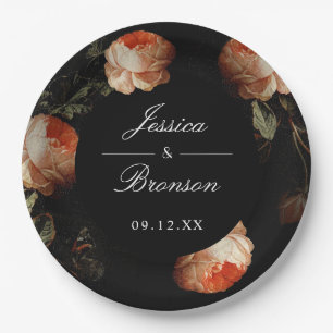 Dark Moody Romantic Floral Dutch Painterly Wedding Paper Plate