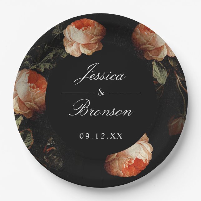 Dark Moody Romantic Floral Dutch Painterly Wedding Paper Plate (Front)