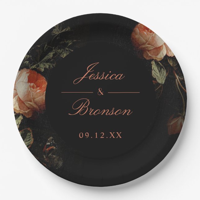 Dark Moody Romantic Floral Dutch Painterly Wedding Paper Plate (Front)