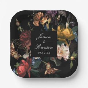Dark Moody Romantic Floral Dutch Painterly Wedding Paper Plate