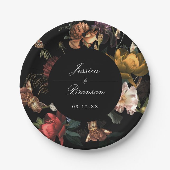 Dark Moody Romantic Floral Dutch Painterly Wedding Paper Plate (Front)