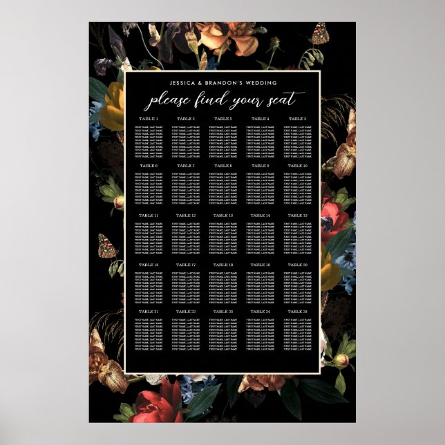 Dark Moody Romantic Floral Dutch Wedding Seating Poster (Front)