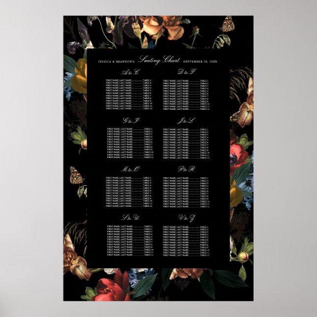 Dark Moody Romantic Floral Dutch Wedding Seating Poster (Front)