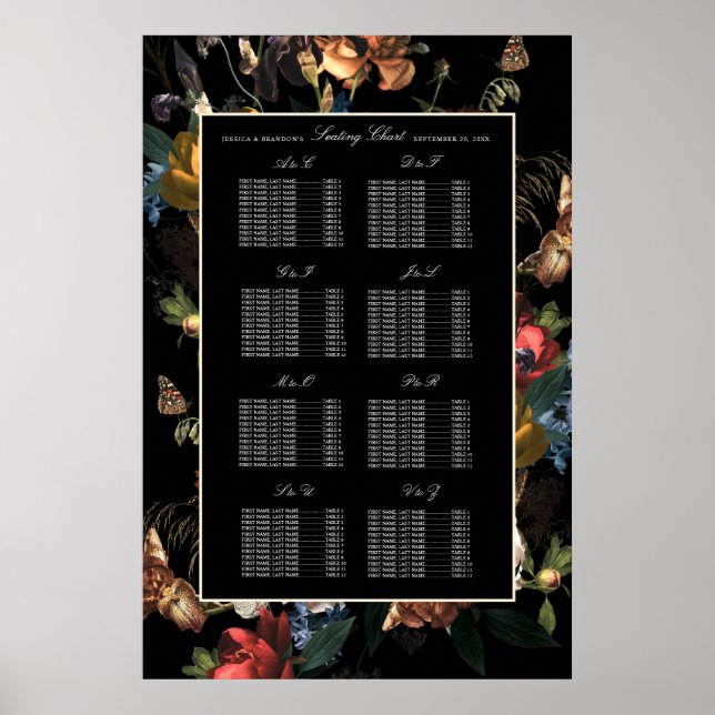 Dark Moody Romantic Floral Dutch Wedding Seating Poster (Front)