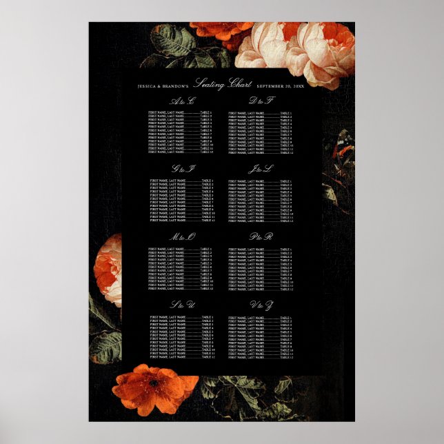 Dark Moody Romantic Floral Dutch Wedding Seating Poster (Front)