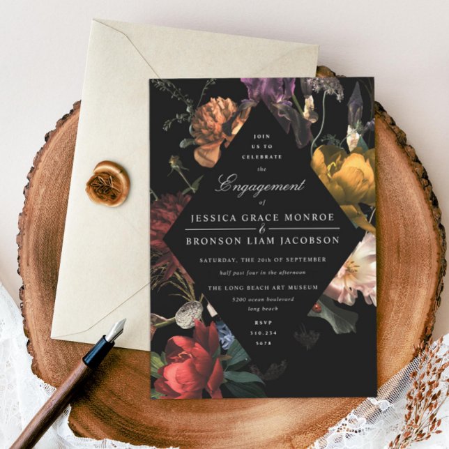 Dark Moody Romantic Floral Engagement Party Invitation (Creator Uploaded)