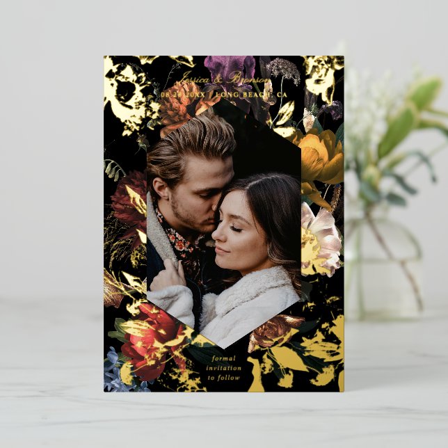 Dark Moody Romantic Floral Photo Save the Date (Standing Front)