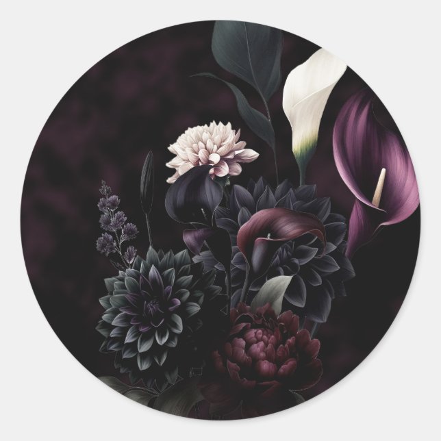 Dark Moody Romantic Floral Wedding Classic Round Sticker (Front)