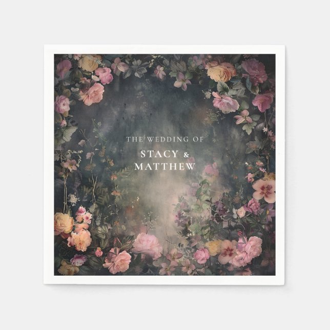 Dark Moody Romantic Floral Wedding Couples Names Napkin (Front)