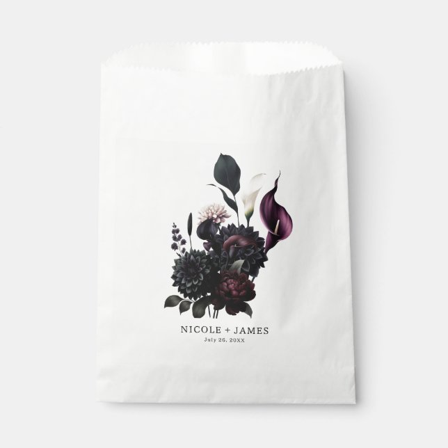 Dark Moody Romantic Floral Wedding Favour Bags (Front)