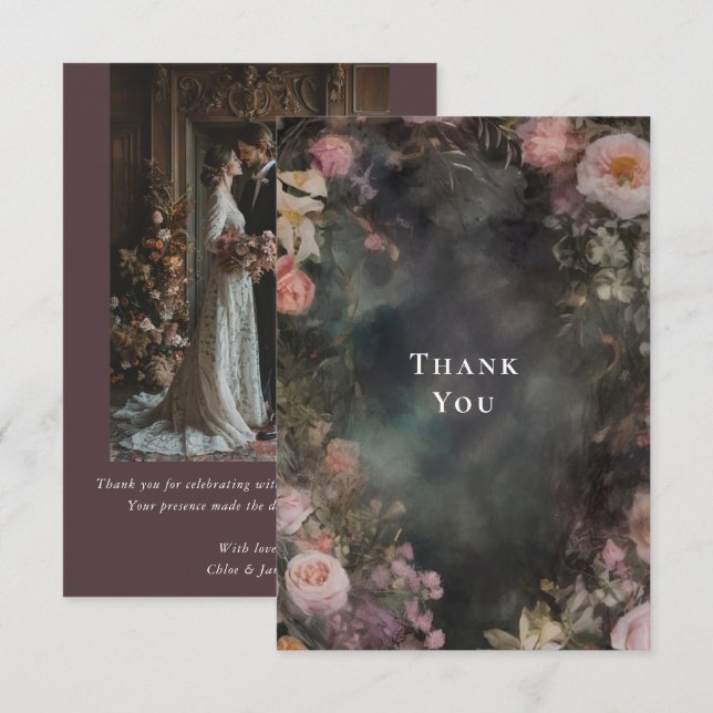 Dark Moody Romantic Floral Wedding Photo Thank You Card (Front/Back)
