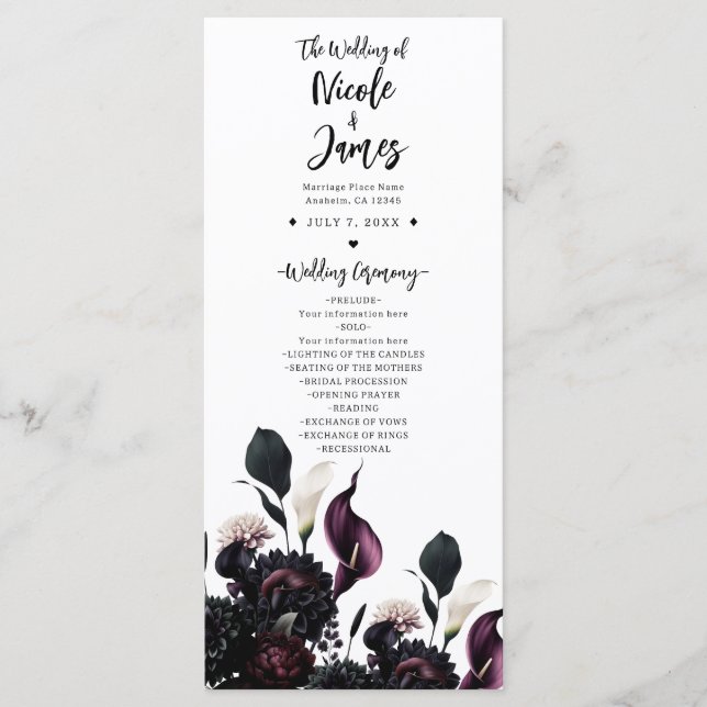 Dark Moody Romantic Floral Wedding Program Programme (Front)