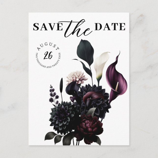 Dark Moody Romantic Floral Wedding Save the Date Announcement Postcard (Front)