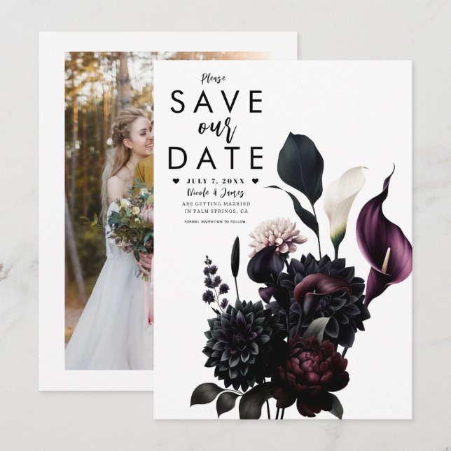 Dark Moody Romantic Floral Wedding Save the Date Invitation (Front/Back)