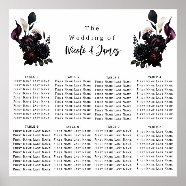 Dark Moody Romantic Floral Wedding Seating Chart (Front)