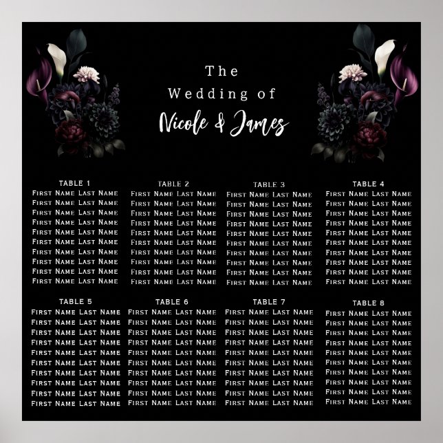 Dark Moody Romantic Floral Wedding Seating Chart (Front)