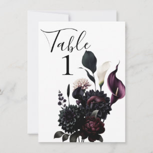 Dark Moody Romantic Floral Wedding Table Number