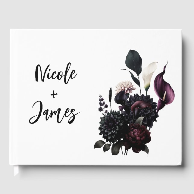 Dark Moody Romantic Floral White Wedding Guest Book (Front)