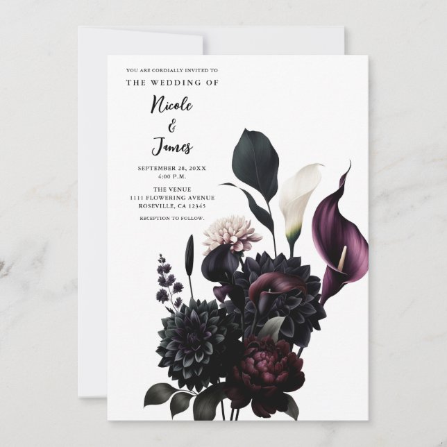Dark Moody Romantic Floral White Wedding Invitation (Front)