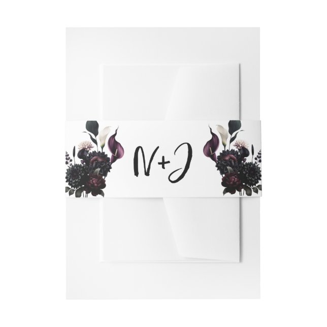 Dark Moody Romantic Floral White Wedding  Invitation Belly Band (Front Example)