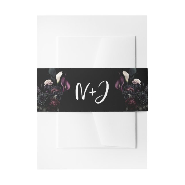 Dark Moody Romantic Floral White Wedding  Invitation Belly Band (Front Example)