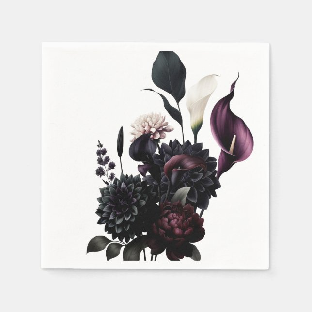 Dark Moody Romantic Floral White Wedding Napkin (Front)