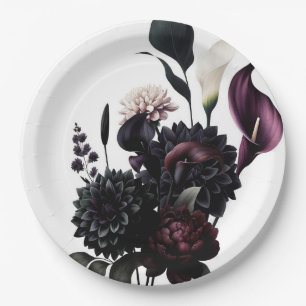 Dark Moody Romantic Floral White Wedding Paper Plate