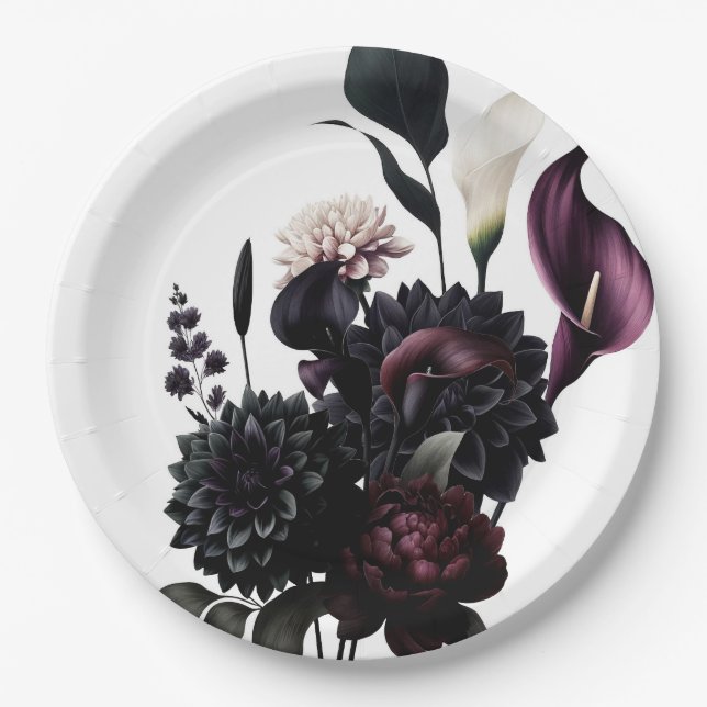 Dark Moody Romantic Floral White Wedding Paper Plate (Front)