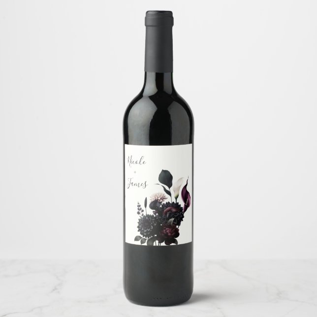 Dark Moody Romantic Floral White Wedding Wine Label (Front)