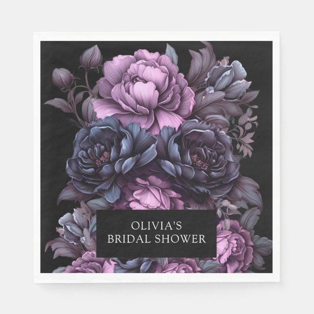Dark Moody Romantic Florals Bridal Shower Napkins (Front)