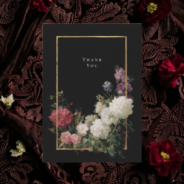 Dark Moody Romantic Flowers Black Faux Gold Thank You Card (Creator Uploaded)
