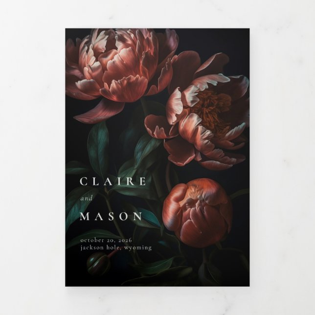 Dark Moody Romantic Gothic Flowers Wedding Tri-Fold Invitation (Cover)