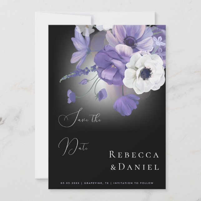 Dark Moody Romantic Lilac Lavender Floral Wedding Invitation (Front)
