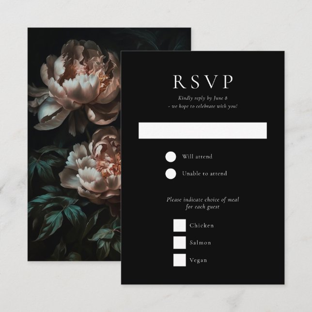 Dark Moody Romantic Peony Flowers Wedding RSVP Card (Front/Back)