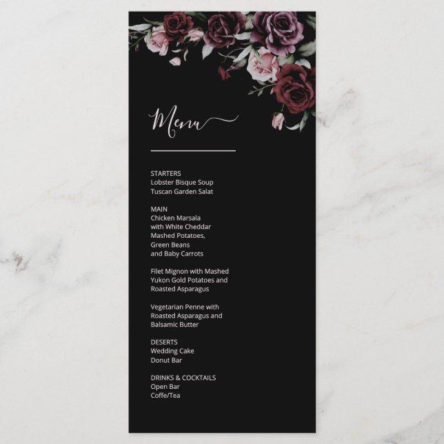 Dark Moody Roses Wedding Menu (Front)