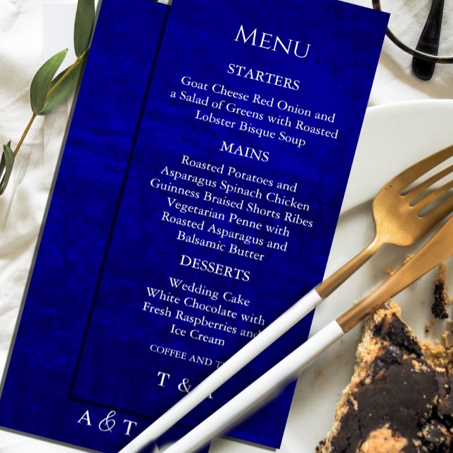 Dark Moody Royal Blue with Scratches Menu Invitation (Dramatic and chic, our scratched blue invitation with elegant white calligraphy.)