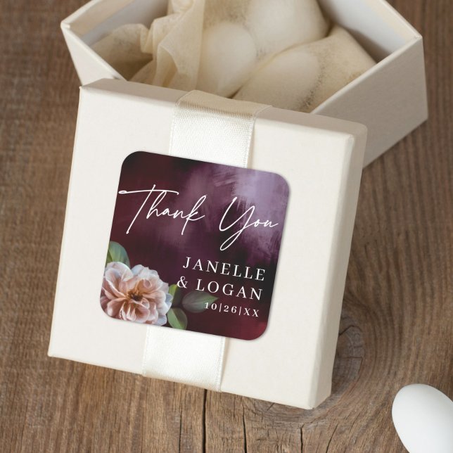 Dark + Moody Rustic Floral Wedding Favour Square Sticker (Creator Uploaded)