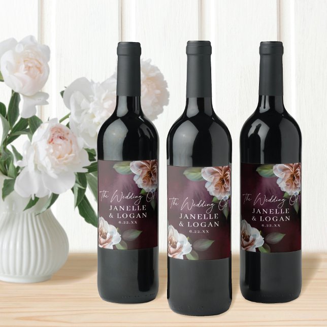 Dark + Moody Rustic Floral Wedding Wine Label (Creator Uploaded)