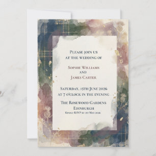 Dark Moody Thistle Tartan Wedding Invitation Gol