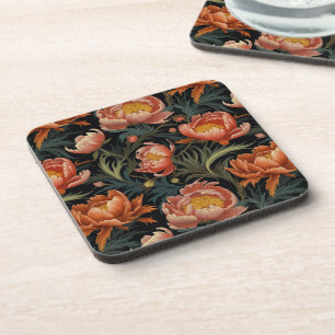 Dark & Moody Vibrant Orange Peony Flowers Coaster