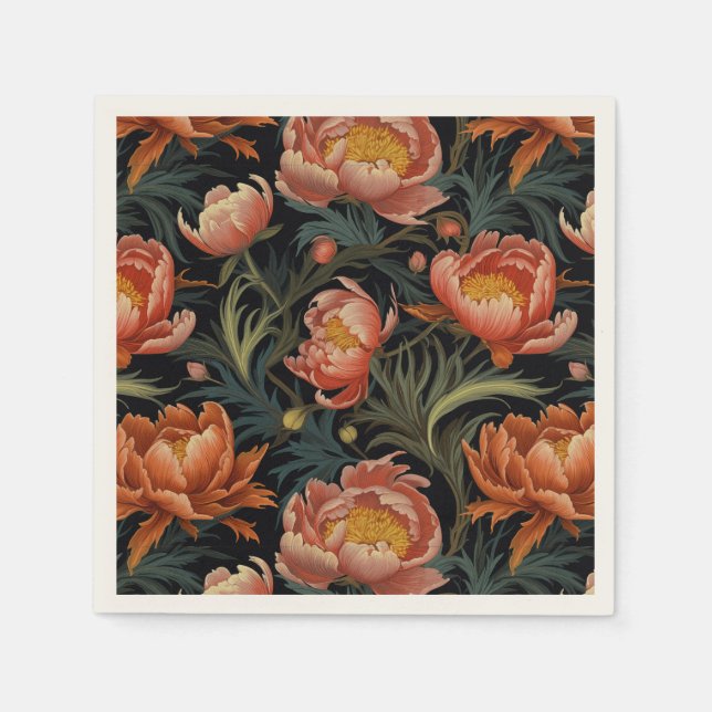 Dark & Moody Vibrant Orange Peony Flowers Napkin (Front)