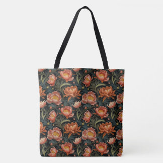 Dark & Moody Vibrant Orange Peony Flowers Tote Bag