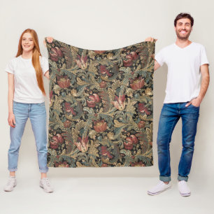 Dark Moody Vintage Floral Botanical Pattern Fleece Blanket