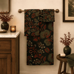 Dark Moody Vintage Floral Gothic Cottage Bath Towel Set