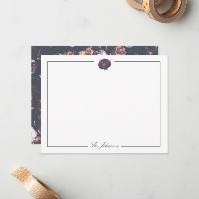 Dark Moody Vintage Floral Personalised Stationery Card (Front/Back In Situ)