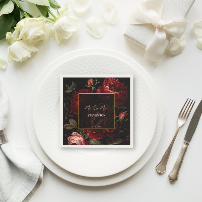 Dark moody vintage roses monogram printed napkin (Dark moody wedding vintage roses monogram printed napkins personalized wedding table decor)