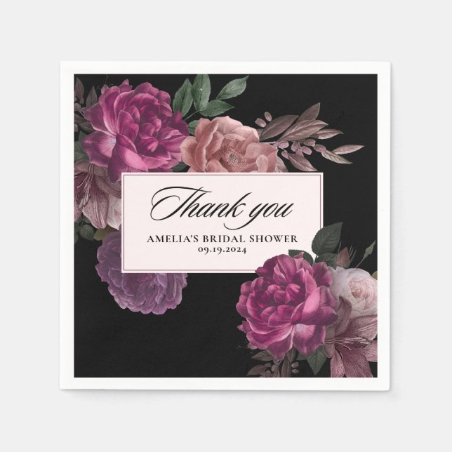 Dark moody watercolor floral black Bridal Shower  Napkin (Front)