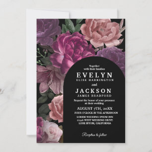 Dark moody Watercolor floral black Wedding  Invitation