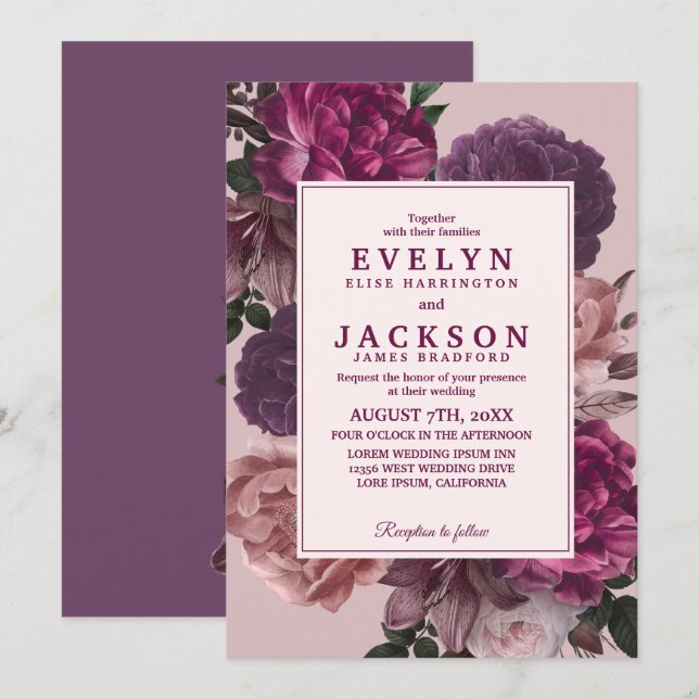 Dark moody Watercolor floral Winter Wedding  Invitation (Front/Back)