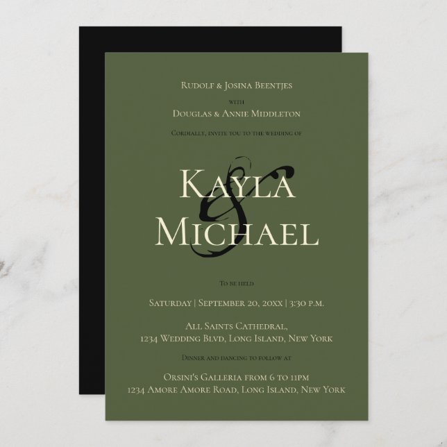 Dark Moody Wedding Black Green Cream Rose Monogram Invitation (Front/Back)